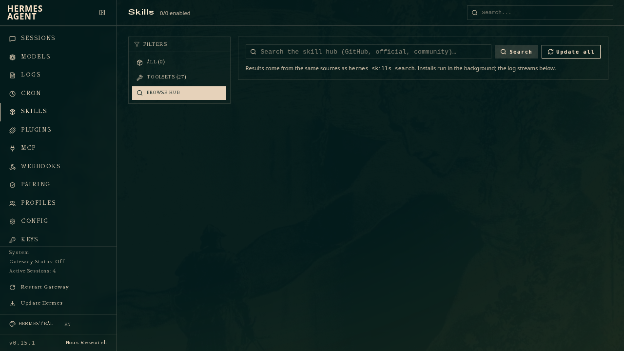 Hermes AgentのSkills Hub画面